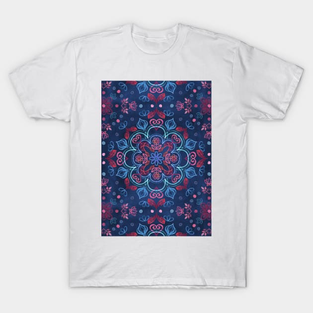 Cherry Red & Navy Blue Watercolor Floral Pattern T-Shirt by micklyn